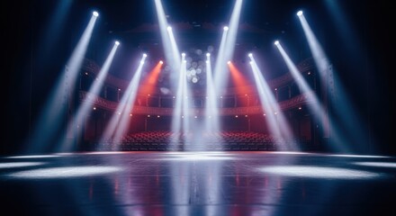 Empty theater stage bathed in dramatic spotlights, with rows of dark audience seats
