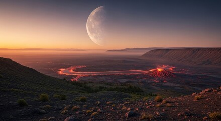 Erupting volcano with glowing lava river under a giant moon at twilight, alien landscape