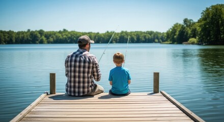 Fototapeta premium Father and son fish from a wooden dock on a calm lake surrounded by lush green trees