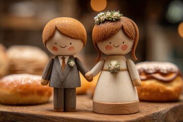 Wooden wedding cake topper featuring bride and groom holding hands, perfect addition for a romantic celebration or reception decor to symbolize love and unity