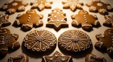 Festive gingerbread cookies including men, trees, stars, circles, with icing and sprinkles