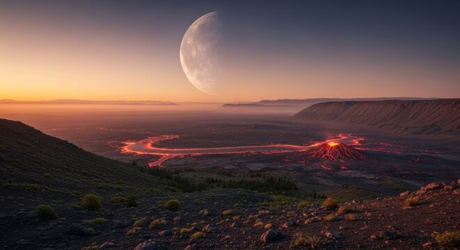 Erupting volcano with glowing lava river under a giant moon at twilight, alien landscape - Powered by Adobe