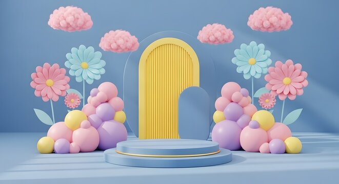 Whimsical pastel dreamscape with archway and floral accents