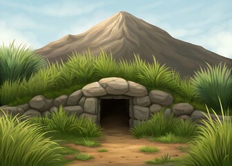 Ancient stone dwelling entrance nestled in grassy hillside with mountain backdrop