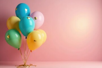 A cluster of pastel-colored balloons adorned with tiny golden hearts, arranged against a soft pink backdrop, creating a cheerful and festive scene.