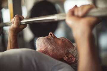 Senior man exercises with barbell on bench in gym, showing strength and dedication to fitness training in a vibrant atmosphere