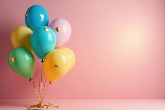 A cluster of pastel-colored balloons adorned with tiny golden hearts, arranged against a soft pink backdrop, creating a cheerful and festive scene.