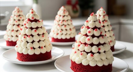 Four festive red velvet cake trees with white cream frosting and red star sprinkles