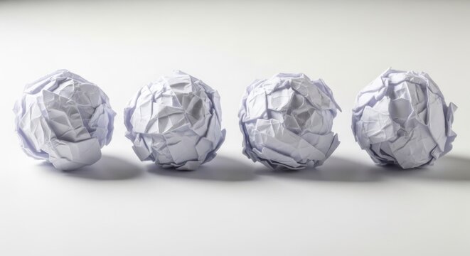 Four crumpled white paper balls lined up horizontally on a bright white surface