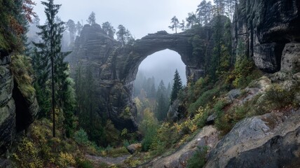 Misty foggy landscape featuring the pravcicka gate natural sandstone arch surrounded by dramatic cliffs and dense forest in the czech switzerland national park during early morning atmospheric scenery