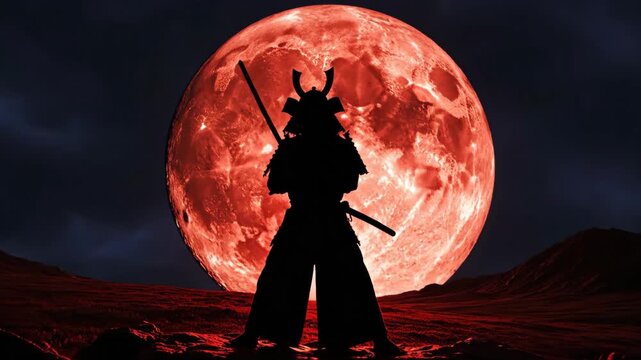 A dramatic silhouette of a samurai warrior holding a katana stands ready for battle against a massive blood-red full moon in a dark fantasy landscape.