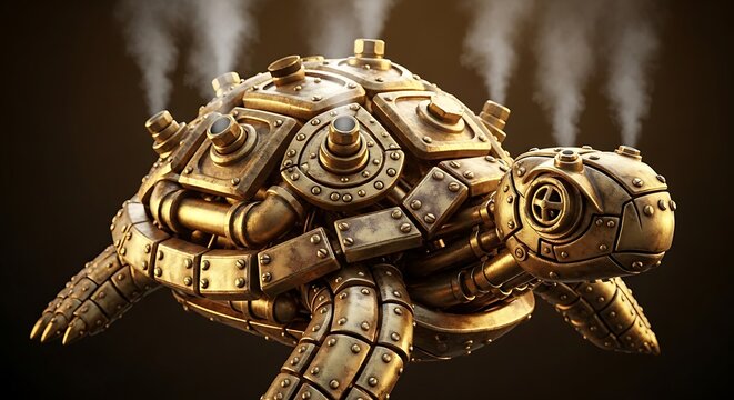 a beautifully rendered steampunk mechanical turtle with intricate golden details emitting wisps of steam stands out as a unique art piece high quality