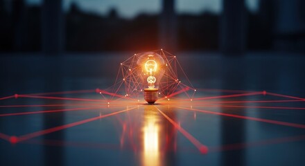 Glowing lightbulb connected by red lines on a reflective surface, symbolizing innovation