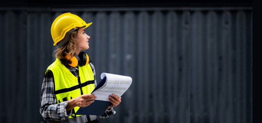 A woman wearing a yellow vest and a hard hat is holding a clipboard
