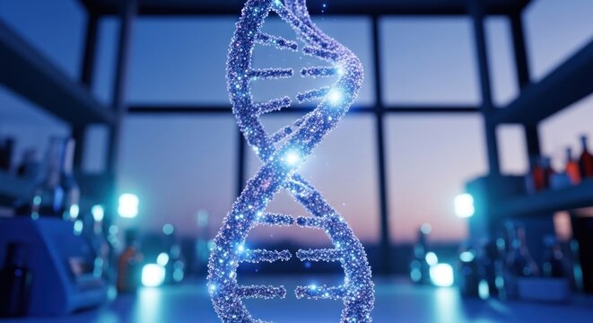 Glowing blue DNA double helix with sparkling particles in a futuristic science laboratory