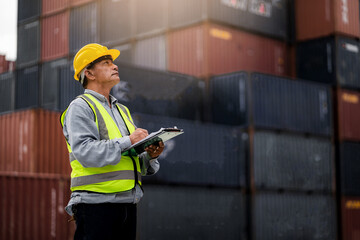 A man wearing a yellow vest and a hard hat is looking at a clipboard