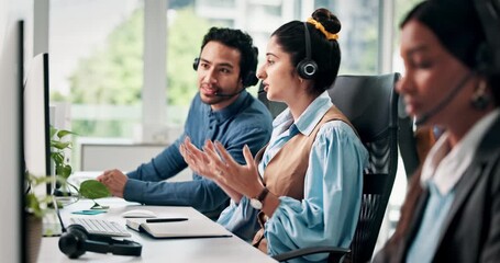 Computer, question and training with business people in call center for system integration or orientation. Advice, contact us and conversation with headset for customer service office and support - Powered by Adobe