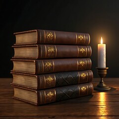 Stack of old leather bound books illuminated by a single candle