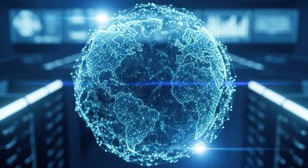 Glowing networked digital Earth globe in a dark, futuristic data server environment