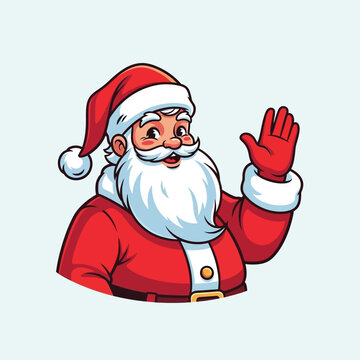 Cartoon santa claus waving with a red suit and hat on a light background in a cheerful illustration