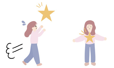 外に輝きを求める女性と内側から輝く女性の対比イラスト