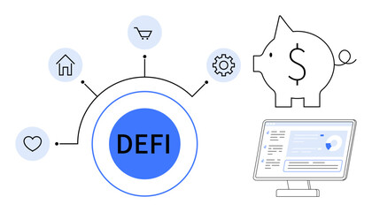 DEFI logo surrounded by home, shopping, gear, and heart icons. Piggy bank and monitor represent financial technology. Ideal for blockchain, fintech, investing, finance economy banking savings