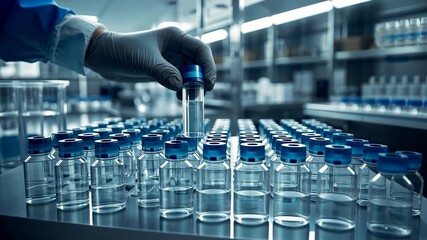 Scientist handling sterile glass vials on a laboratory table with gloves, precision equipment, and controlled lighting inside a modern research facility - Powered by Adobe