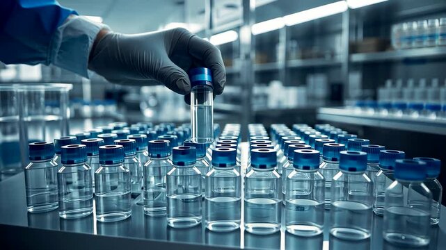 Scientist handling sterile glass vials on a laboratory table with gloves, precision equipment, and controlled lighting inside a modern research facility