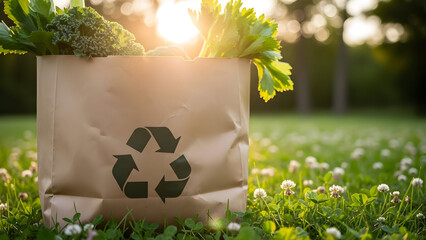 Enjoy fresh organic produce in a recyclable bag at golden hour, perfect for healthy lifestyle blogs, eco friendly campaigns, and promoting sustainable living practices