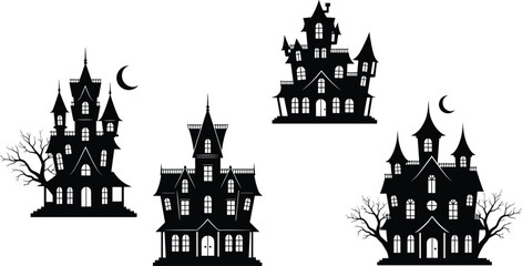 Collection of spooky haunted house silhouettes with eerie trees and crescent moons creating a dark gothic Halloween themed vector illustration set