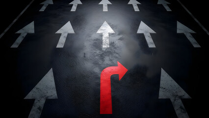 Bold red arrow defying conformity and charting a new course forward, paving the way for innovative strategies that challenge the status quo and promise success