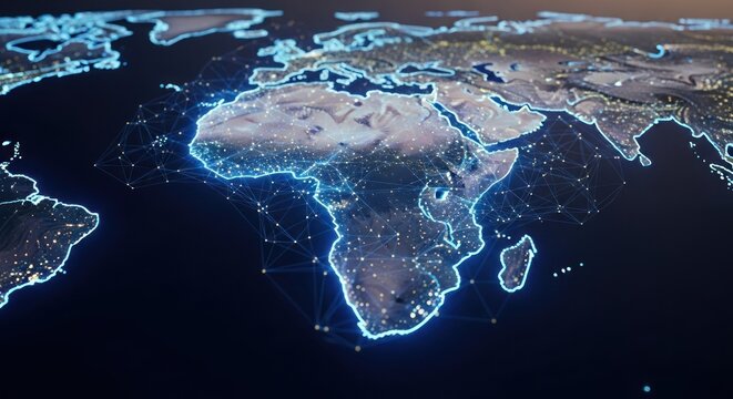 Illuminated digital global map showing Africa with glowing blue network connections