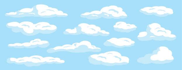 white cartoon clouds set on blue isolated