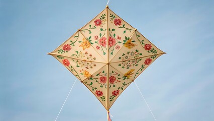 Traditional indian kite with floral pattern flying against a blue sky