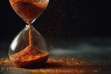 Hourglass filled with amber sand slowly flowing against a dark background emphasizing the passage of time and moments slipping away