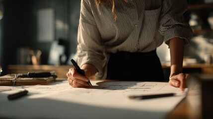 Professional Architect Woman Analyzing Blueprints in Modern Office with Warm Lighting