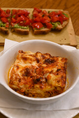 Fresh made and cooked local pasta from Bergamo lasagna ragu pasta served in local restaurant in Bergamo Citta Alta, Lombardy, North of Italy, Italian cuisine