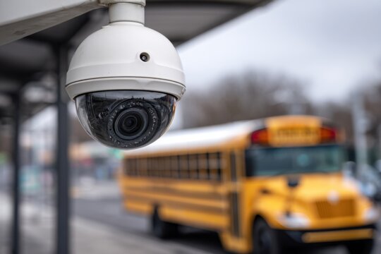 Security camera installed to enhance safety outside school buildings during school hours with yellow bus present nearby