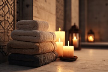 Luxury spa interior featuring neatly arranged towels and glowing candles in a serene atmosphere for ultimate relaxation experience