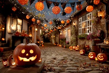 Enchanting halloween affair: pumpkins, lights, and festive spirits. Strange beauty. An enchanting halloween scene with artistic pumpkins and glowing displays. Fantastical figures.