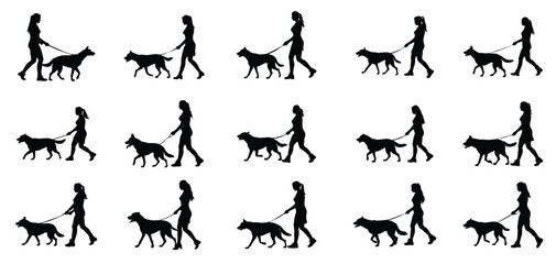 Woman walking a big naughty dog vector silhouette