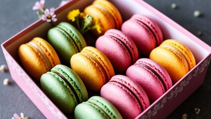 Macarons in a pink box decorated with small flowers on a dark surface