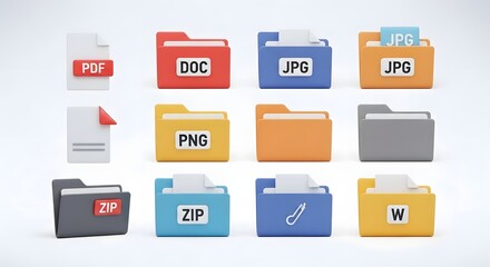 Collection of colorful digital file icons representing various document types