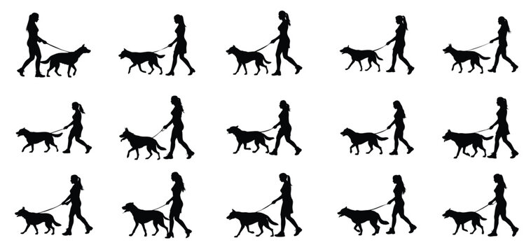 Woman walking a big naughty dog vector silhouette