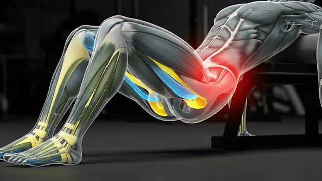 Anatomical 3D Animation of Hip Thrust Exercise Showing Glute and Hamstring Muscle Activation and Potential Lower Back Pain