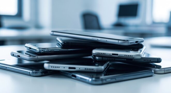 Large pile of various used smartphones stacked on a bright desk in a blurred office