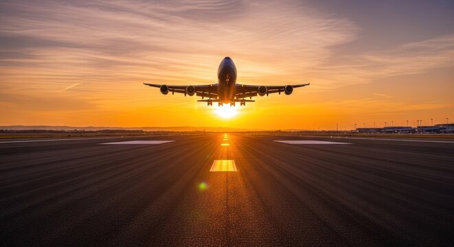 Large passenger plane ascending from a runway, silhouetted against a vibrant golden sunset