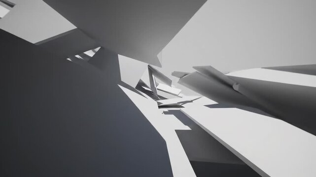 Minimalist white geometric landscape where sharp-edged abstract planes meet and rapid shadows move across the impossibly structured perspective monochromatic, dynamic, loop