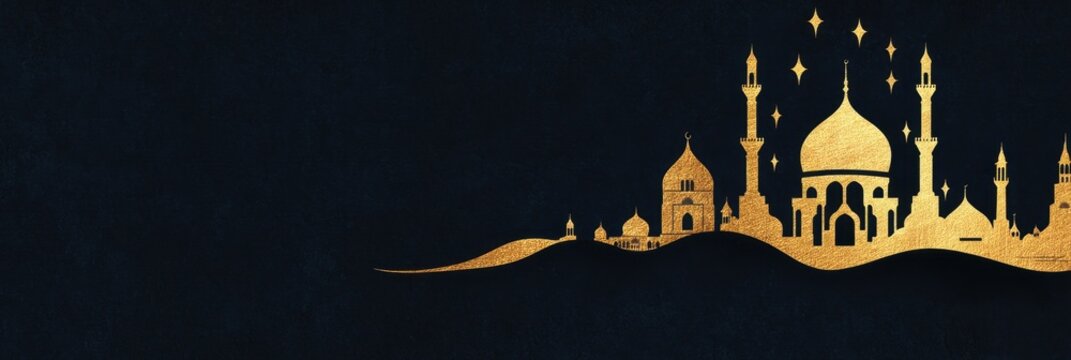 Elegant golden mosques silhouette shining brightly for Ramadan card design