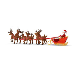 Cartoon santa claus in red sleigh pulled by five brown reindeer
